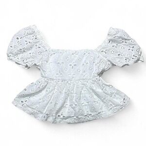 Trixxi White eyelet lace square neck baby doll crop top elastic puff sleeves